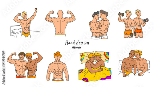 Colorful illustrations of muscular men posing and romantic gay couples together