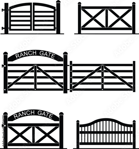 Webgate, ranch, fence, farm, barrier, entrance, wooden, rural, country, silhouette, vector, design, isolated, illustration, black, ranch gate, farm gate, 