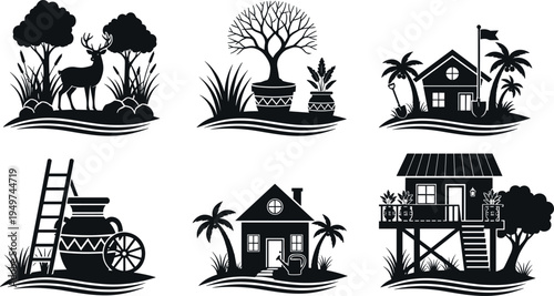 Set of rural landscape silhouette icons featuring deer forest scene, village houses, tropical trees, garden tools, water pot cart and elevated wooden home vector illustration