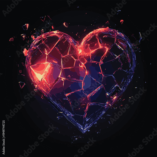Broken shattered clear heart, lost love glowing abstract illustration , vector style simple color