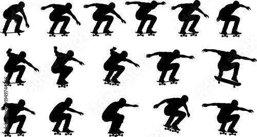 Skateboarder silhouette collection performing tricks and jumps, dynamic extreme sport action poses, black vector illustration set isolated on white background for design projects