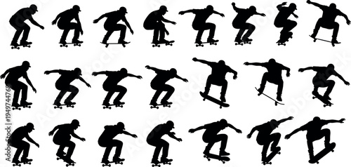 Skateboarder silhouette action poses collection performing jumps and tricks, urban extreme sport concept vector illustration set isolated on white background for design