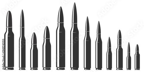Set of black bullet silhouettes, various sizes and calibers isolated on white background, vector illustrations representing military ammunition, weapon supply, and ballistic design elements.