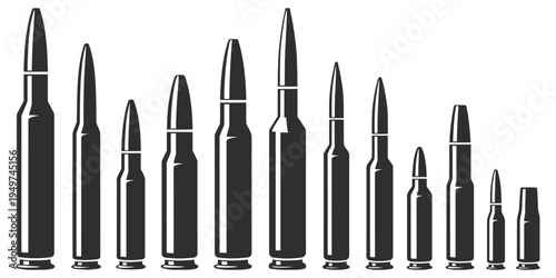 Bullet silhouettes vector collection, black ammunition icons in multiple calibers and sizes, isolated for military, tactical, or weaponry design projects in clean vector format.