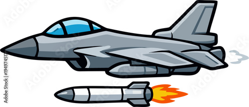 Cartoon Fighter Jet Launching Missile with Flames and Smoke – Military Aircraft Vector Illustration