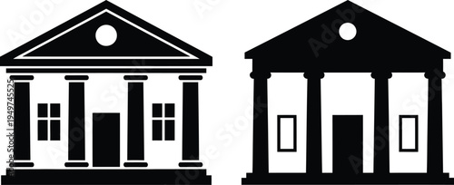 Two black and white vector icons of classical buildings featuring columns and triangular pediments