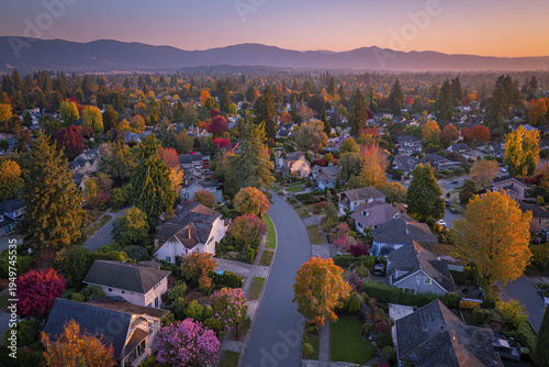 Aerial view of suburban neighborhood with colorful autumn trees lining streets and houses under soft sunset sky, creating peaceful and vibrant residential scene