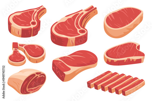 Set of fresh raw meat cuts, vector cartoon illustrations including beef steak, pork chop, ribs, ham, and filet, perfect for butchery shops, restaurant menus, and food protein icon collection.