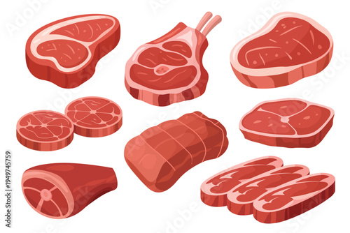 Raw meat vector cartoon set, fresh beef, pork, ribs, ham, and filet illustrations for butcher shop branding, menu design, and culinary vector projects.
