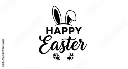 Black and white easter bunny graphic with happy easter text on isolated white background