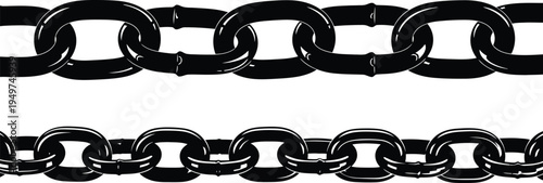 Two horizontal metal chains with thick black links isolated on a clean white background