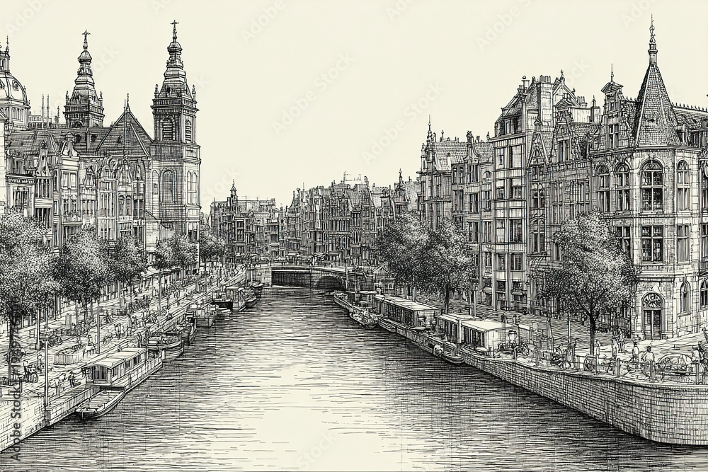 Fototapeta premium Black and white architectural city skyline sketch with river, historic buildings, boats, and trees along canal, capturing peaceful urban scene with detailed line art