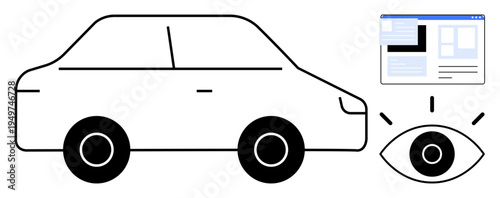 Artificial intelligence, self-driving vehicles, road safety, data monitoring, vehicle automation, smart technology. Car, eye symbol and screen interface. Self-driving vehicles and artificial