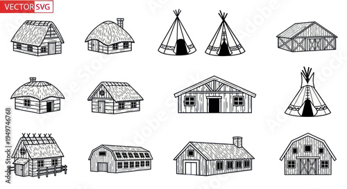 Hand-Drawn Vector Set of Rustic Buildings and Native American Tents