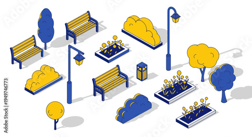 Isometric park elements: benches, trees, bushes, lampposts, and flowerbeds