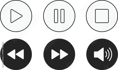 Multimedia Control Icons: A minimalist design showcases a set of six essential multimedia control icons: play, pause, stop, rewind, fast forward, and volume.