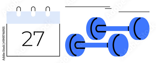 Calendar displays date next to a pair of dumbbells, symbolizing fitness planning. Ideal for scheduling, time management, exercise routine, productivity, goal tracking, health, simple flat metaphor