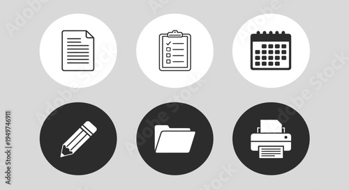 Office Icons Set: A sleek, modern collection of office essential icons. Clean lines and minimalist design for versatile use.