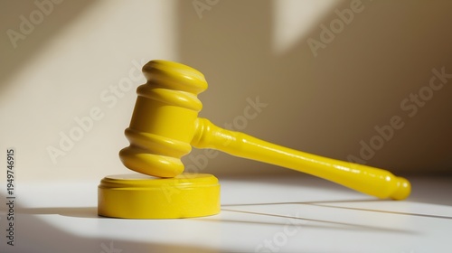 A vibrant yellow gavel on a light surface, symbolizing justice and legal proceedings in a contemporary setting.