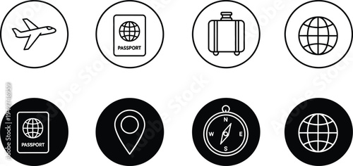 Travel Icons: A collection of travel-related icons, perfect for representing journeys, adventures, and global exploration. These simple.