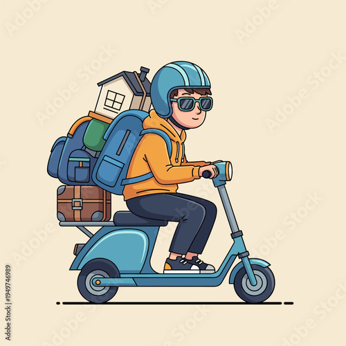 Man moving house on electric scooter with backpack and luggage travel vector illustration