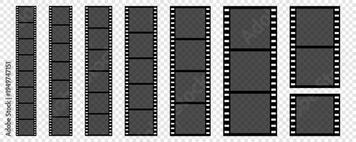 Black Film Strip Photo Reel Movie Frame Set. Cinema Filmstrip Border Kit. Photo and Film Camera Booth Roll Clipart. Vector Illustration in Png Transparent Background