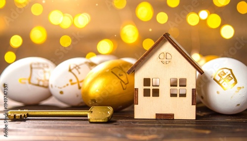 Wooden house with eggs and golden key on surface
