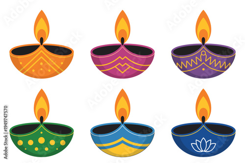 Traditional Diwali Diya oil lamp, burning flame on a white background, vector illustration celebrating the Indian festival of lights, Deepavali, with glowing festive ambiance.