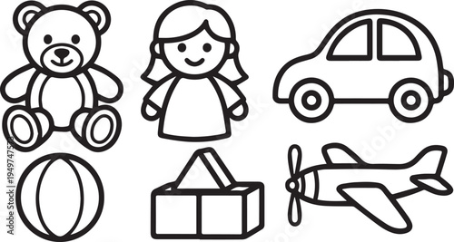 Set of 6 child icons vector, kids toys and objects