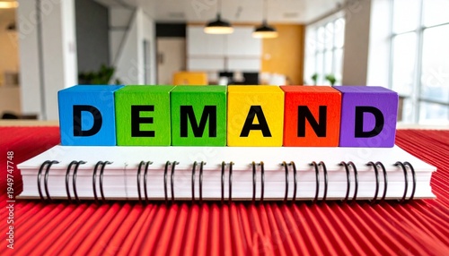 Colorful blocks spelling DEMAND on notebook in office setting