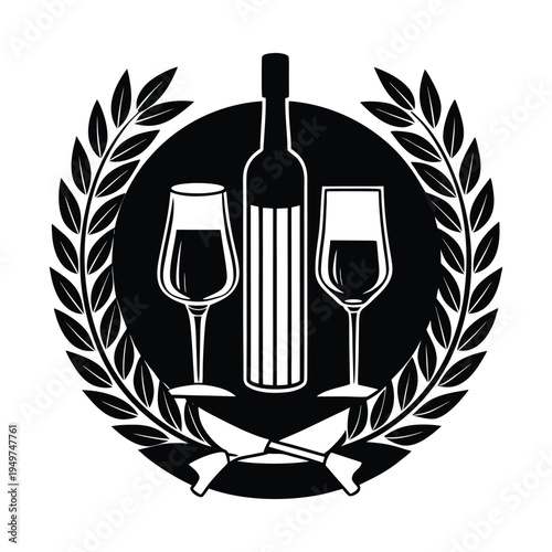 Black and white laurel wreath emblem with wine bottle and two wine glasses corkscrew at bottom