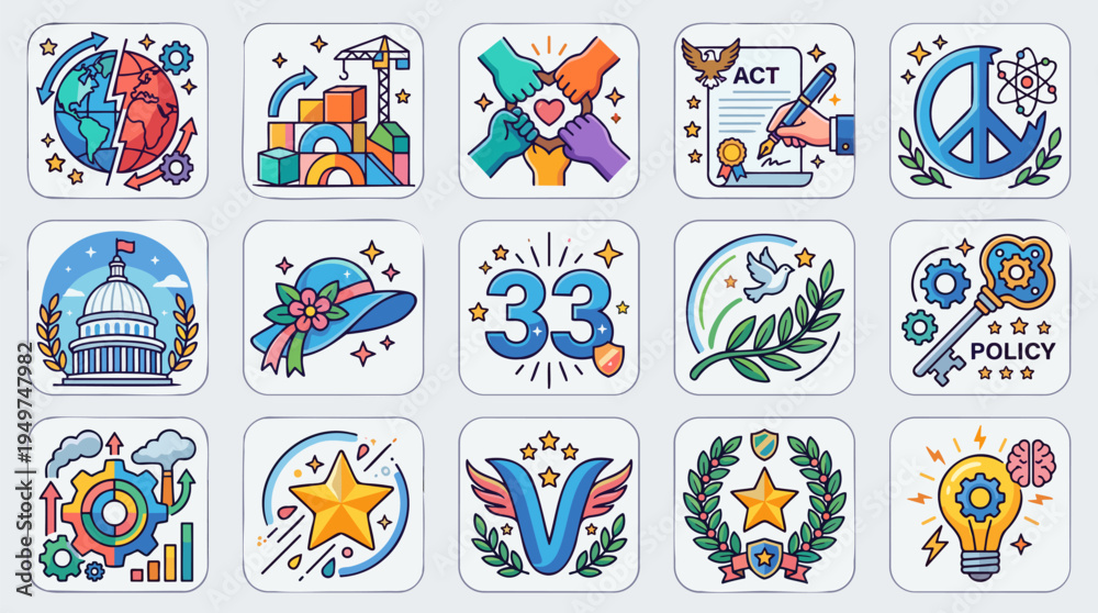 Fototapeta premium A collection of colorful flat design icons representing various concepts like global issues, policy, peace, government, development, innovation, and achievement.