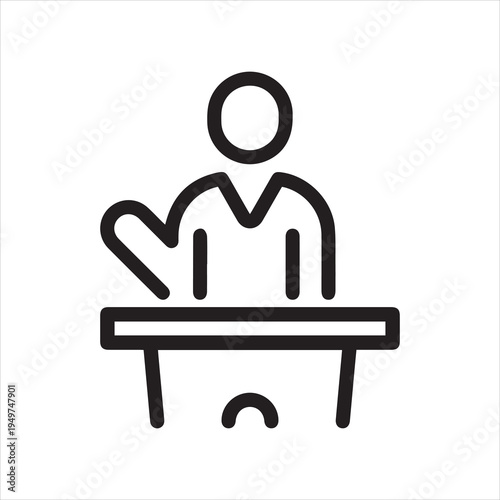 Conference, orator speech, business public meeting outline icon. Line sign man speaker behind podium. Vector isolated pictogram for web and app on white background editable stroke.