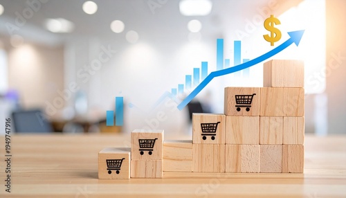 Wooden blocks with shopping cart icons and rising dollar sign