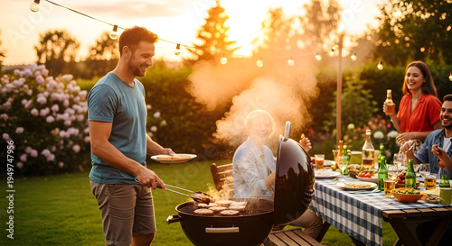 A group of happy young people eating and drinking at a table while a man grills burgers on a charcoal barbecue grill