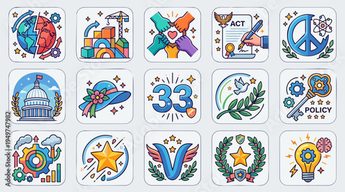 A collection of colorful flat design icons representing various concepts like global issues, policy, peace, government, development, innovation, and achievement.