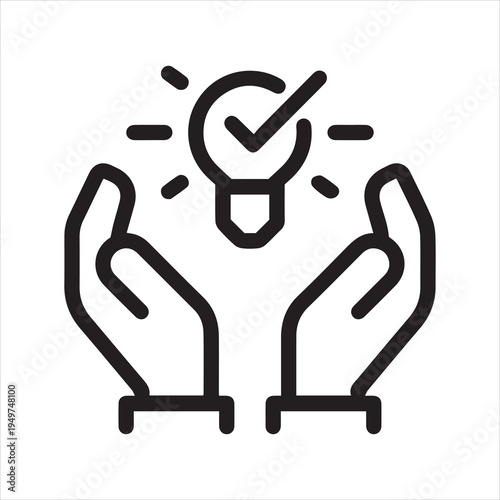 Creative idea, innovation solution, fact, tip, outline icon. Line sign glowing light bulb in hands. Vector isolated pictograms for web and app on white background editable stroke.