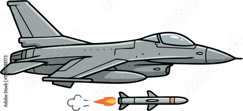 Cartoon Gray Fighter Jet Firing Missile with Orange Flames and Smoke Trail – Military Aviation Vector