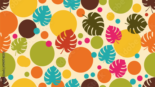 Vibrant Tropical Leaf & Circle Pattern - Seamless Background Design for Decor & Branding