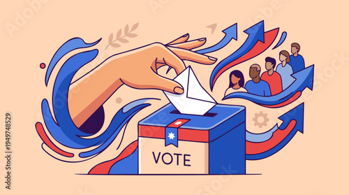 Illustration of a hand casting a vote into a ballot box, surrounded by diverse people and upward arrows symbolizing democracy, participation, and civic engagement.