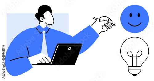 Innovation concept. Innovation ed by a businessman, laptop, lightbulb, and happy face in abstract design. Innovation drives creative ideas and problem-solving. For business, technology, creative
