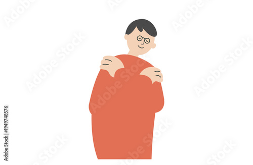 自己肯定や心の安定をイメージしたセルフハグをする男性のイラスト