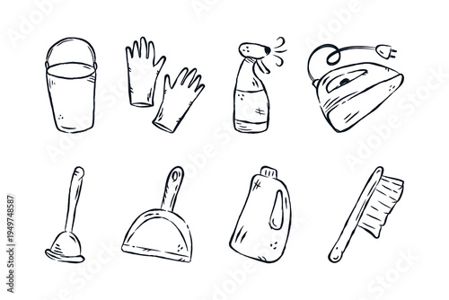 Handdrawn Cleaning Supplies Doodle Collection. Bucket, Gloves, Spray Bottle, Iron, Plunger, Dustpan, Detergent, Brush. Vector Sketch Illustration