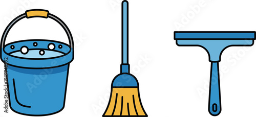 Cleaning equipment set with water bucket, broom and window squeegee, professional sanitary service vector illustration