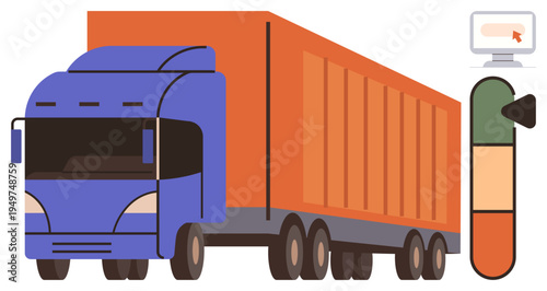 Logistics, freight transport, supply chain, cargo monitoring, efficiency tracking, delivery services. A semi-truck, efficiency gauge and digital monitor. Freight transport and supply chain concepts