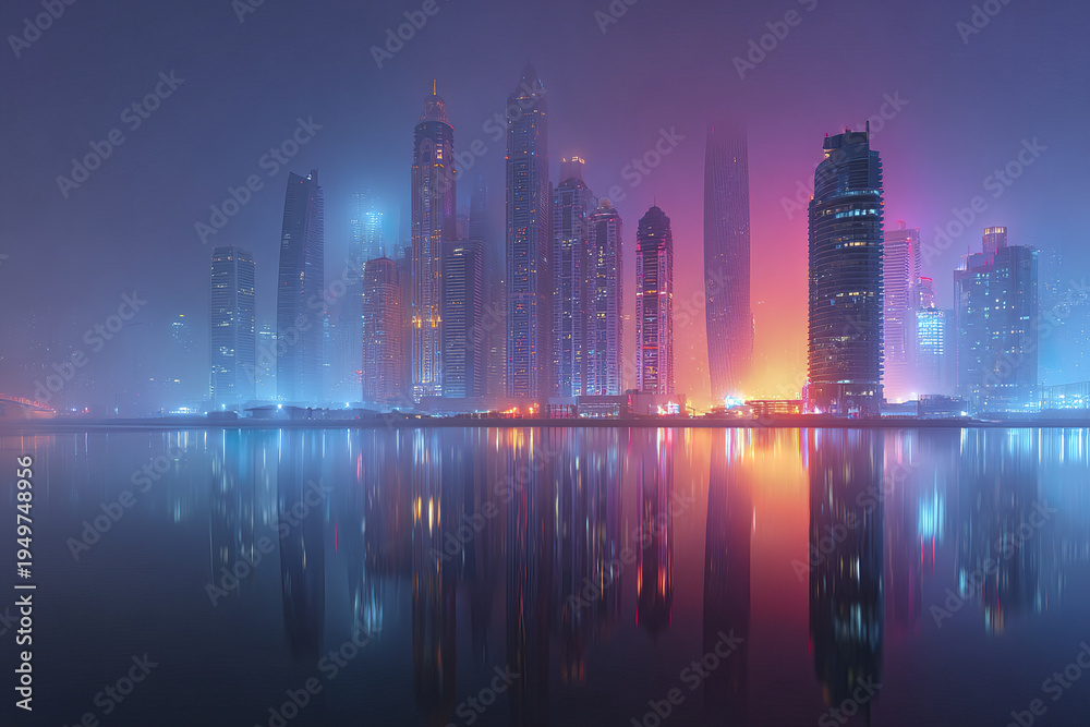 Fototapeta premium Cyberpunk city skyline at night with neon pink and blue light reflecting on calm water, futuristic skyscraper buildings glowing through misty atmosphere