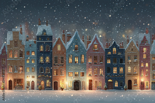Cozy winter European town street with colorful old buildings covered in snow, warm glowing windows, and gentle snowfall creating peaceful festive atmosphere at night