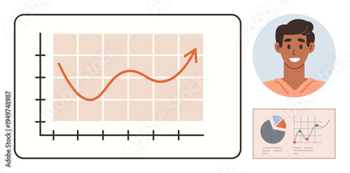 Business strategy, financial planning, data tracking, professional success, personal branding, market analysis. Line graph trending upwards, profile picture and infographic charts. Business strategy