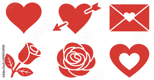 Romantic vector icon collection, Valentine’s Day silhouettes including hearts, arrowed hearts, letters, roses, and chocolate boxes for greeting cards, social media, and gift designs.