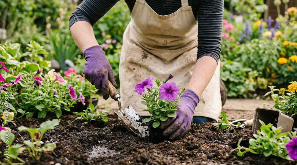 Fototapeta premium Planting flower seedlings in open soil in the garden. Gardener’s hands planting young flowers into the ground during spring gardening work. Concept of gardening, landscaping, horticulture, and seasona